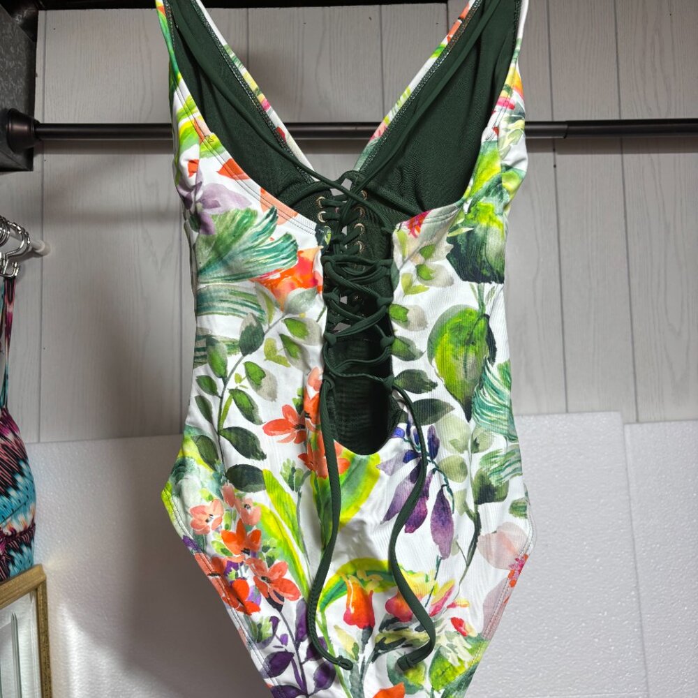 TINIBIKINI Watercolour Tropical Print & Sage Green REVERSIBLE One Piece Swimsuit - Picture 5 of 8
